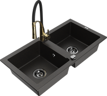 Mexen Mario granite sink 2-bowl with Aster kitchen tap, black/gold metallic - 6504-75-73450-57-B