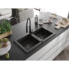 Mexen Mario granite sink 2-chamber with Aster kitchen tap, black/gold metallic - 6504-75-73450-70-B