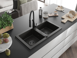 Mexen Mario 2-bowl granite sink with Aster kitchen faucet, black/gold metallic - 6504-75-73450-70-B