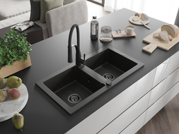 Mexen Mario 2-compartment granite sink with a kitchen mixer tap Aster, Black/Gold metallic - 6504-75-73450-70-B