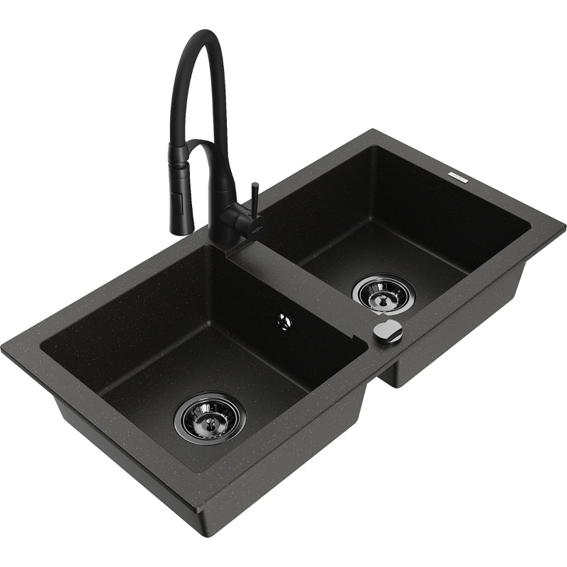 Mexen Mario 2-bowl granite sink with Aster kitchen faucet, black/gold metallic - 6504-75-73450-70-B