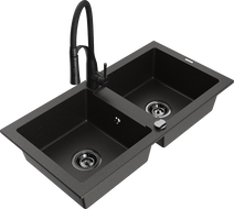 Mexen Mario 2-bowl granite sink with Aster kitchen faucet, black/gold metallic - 6504-75-73450-70-B