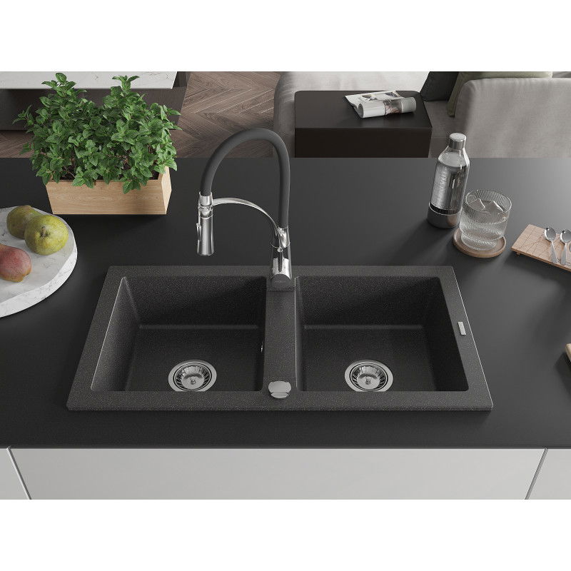 Mexen Mario granite sink 2-bowl with Aster kitchen tap, speckled black - 6504-76-73450-07
