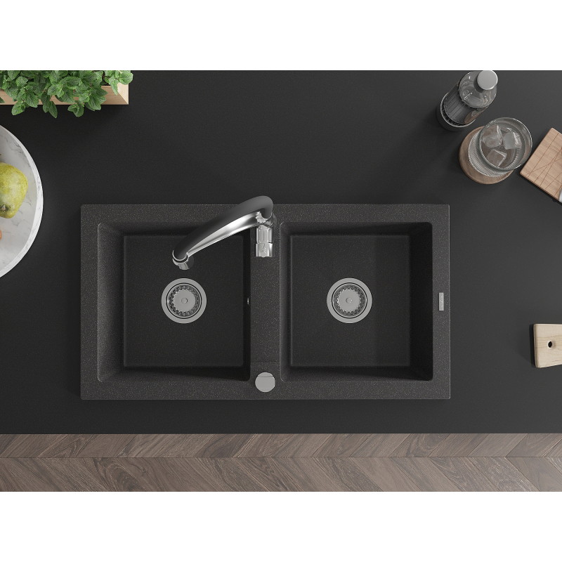 Mexen Mario granite double-bowl kitchen sink with Aster faucet, speckled black - 6504-76-73450-07