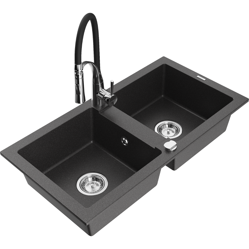 Mexen Mario 2-compartment granite sink with a kitchen mixer tap Aster, spotted black - 6504-76-73450-07