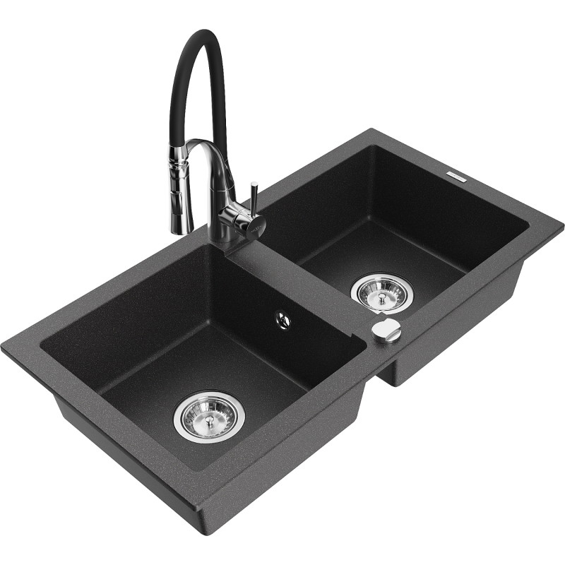 Mexen Mario granite double-bowl kitchen sink with Aster faucet, speckled black - 6504-76-73450-07