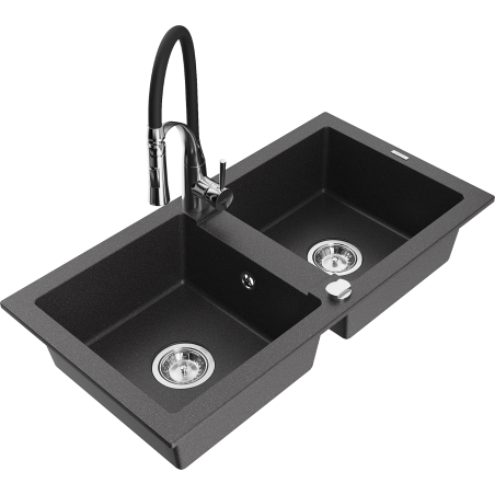 Mexen Mario granite double-bowl kitchen sink with Aster faucet, speckled black - 6504-76-73450-07