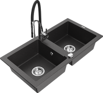 Mexen Mario granite double-bowl kitchen sink with Aster faucet, speckled black - 6504-76-73450-07