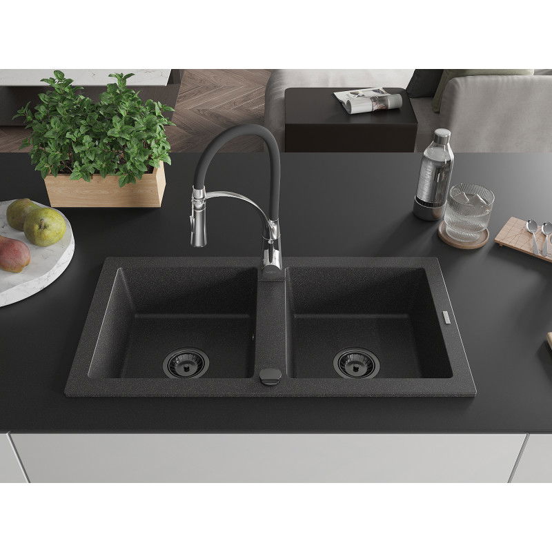 Mexen Mario granite sink, 2-bowl with Aster kitchen tap, speckled black - 6504-76-73450-07-B