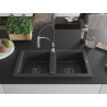 Mexen Mario granite double-bowl sink with Aster kitchen faucet, black speckled - 6504-76-73450-07-B