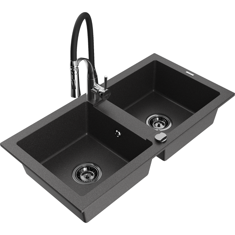 Mexen Mario 2-compartment granite sink with a kitchen mixer tap Aster, spotted black - 6504-76-73450-07-B