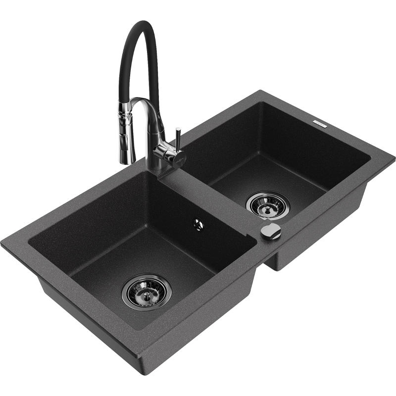 Mexen Mario granite sink, 2-bowl with Aster kitchen tap, speckled black - 6504-76-73450-07-B