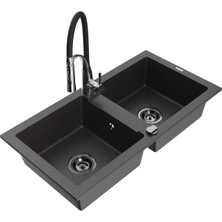 Mexen Mario granite double-bowl sink with Aster kitchen faucet, black speckled - 6504-76-73450-07-B