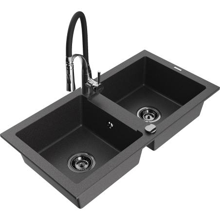 Mexen Mario granite sink, 2-bowl with Aster kitchen tap, speckled black - 6504-76-73450-07-B