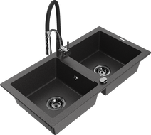 Mexen Mario granite 2-bowl sink with Aster kitchen faucet, black speckled - 6504-76-73450-07-B