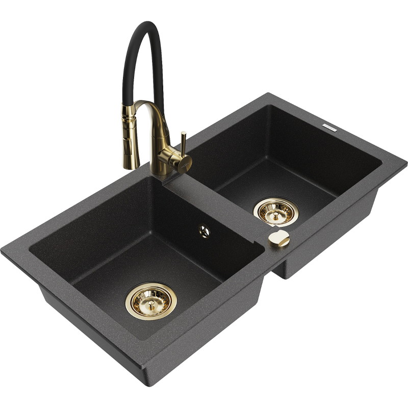 Mexen Mario 2-bowl granite sink with Aster kitchen faucet, black speckled - 6504-76-73450-57-G