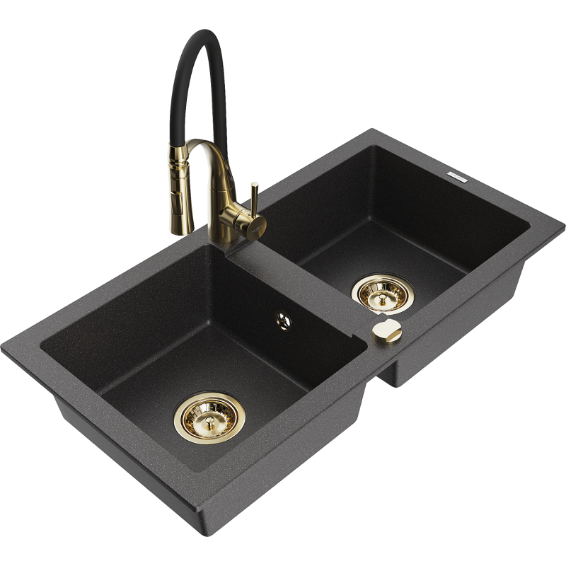 Mexen Mario granite sink 2-bowl with Aster kitchen tap, black speckled - 6504-76-73450-57-G