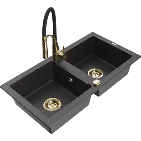 Mexen Mario 2-bowl granite sink with Aster kitchen faucet, black speckled - 6504-76-73450-57-G