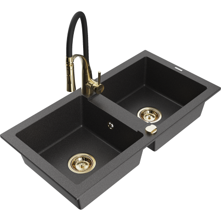 Mexen Mario granite sink 2-bowl with Aster kitchen tap, black speckled - 6504-76-73450-57-G