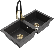 Mexen Mario 2-bowl granite kitchen sink with Aster kitchen faucet, black with speckles - 6504-76-73450-57-G