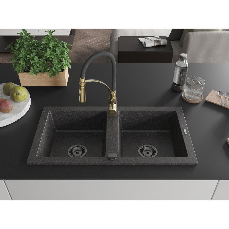 Mexen Mario 2-bowl granite sink with Aster kitchen faucet, black speckled - 6504-76-73450-57-B