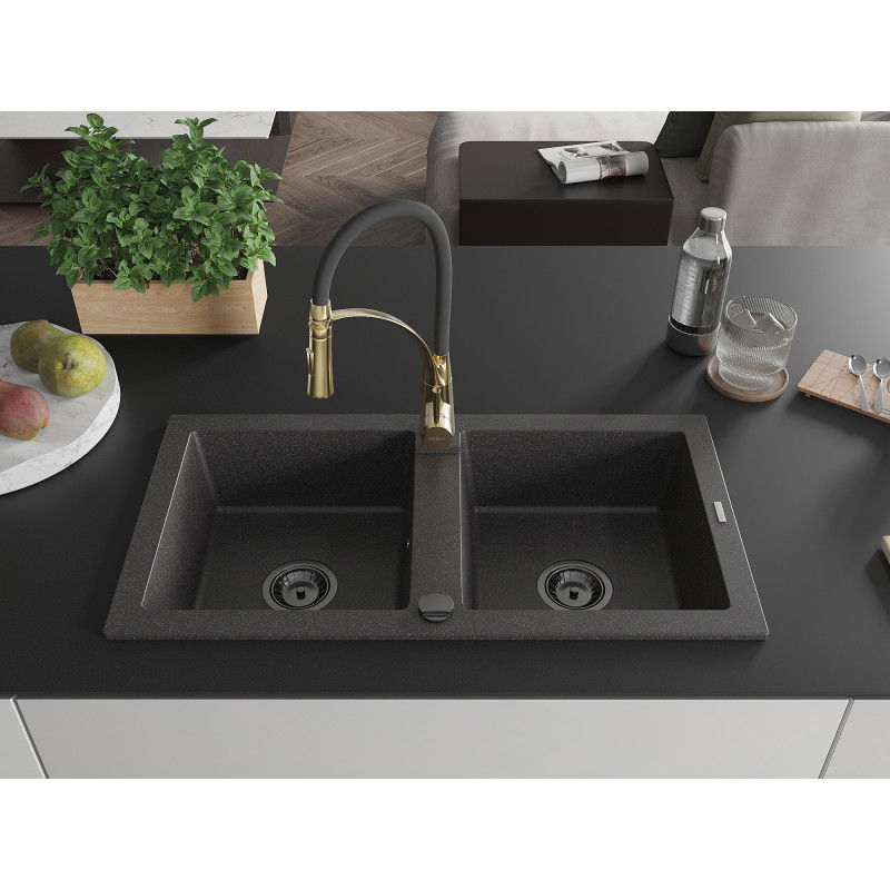 Mexen Mario Granite Double-Bowl Sink with Aster Kitchen Tap, Speckled Black - 6504-76-73450-57-B