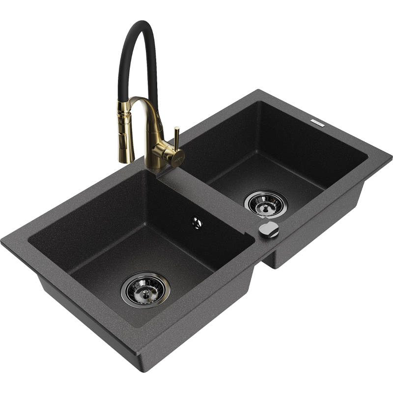 Mexen Mario Granite Double-Bowl Sink with Aster Kitchen Tap, Speckled Black - 6504-76-73450-57-B