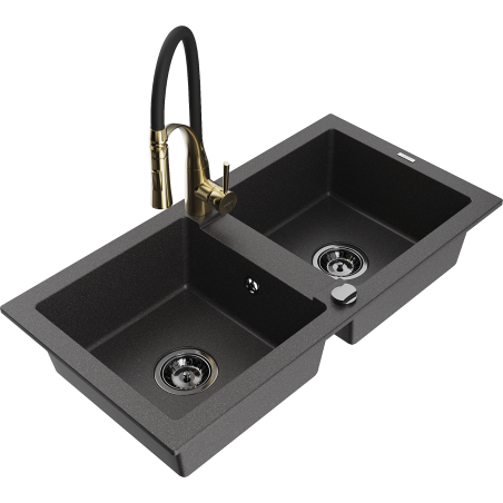 Mexen Mario 2-bowl granite sink with Aster kitchen faucet, black speckled - 6504-76-73450-57-B