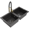 Mexen Mario 2-bowl granite sink with Aster kitchen faucet, black speckled - 6504-76-73450-57-B