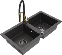 Mexen Mario 2-bowl granite sink with Aster kitchen faucet, black speckled - 6504-76-73450-57-B