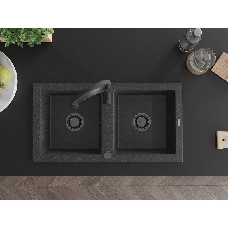 Mexen Mario granite double-bowl sink with Aster kitchen faucet, spotted black - 6504-76-73450-70-B