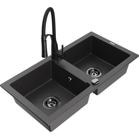 Mexen Mario granite double-bowl sink with Aster kitchen faucet, spotted black - 6504-76-73450-70-B