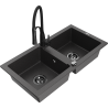 Mexen Mario granite double-bowl sink with Aster kitchen faucet, spotted black - 6504-76-73450-70-B