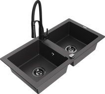 Mexen Mario granite double-bowl sink with Aster kitchen faucet, black speckled - 6504-76-73450-70-B