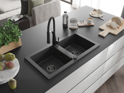 Mexen Mario granite double-bowl sink with Aster kitchen faucet, black speckled - 6504-76-73450-70-B