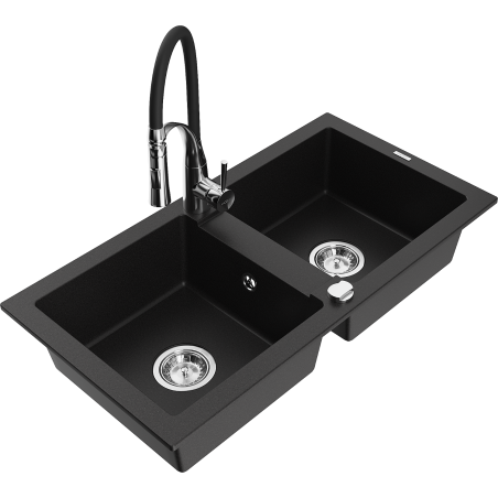 Mexen Mario 2-compartment granite sink with Aster kitchen faucet, black - 6504-77-73450-07