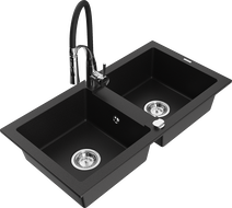 Mexen Mario 2-bowl granite sink with Aster kitchen tap, black - 6504-77-73450-07