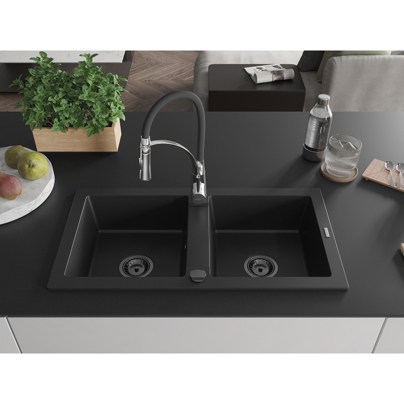 Mexen Mario granite double bowl sink with Aster kitchen faucet, black - 6504-77-73450-07-B