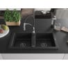 Mexen Mario granite sink 2-bowl with Aster kitchen tap, black - 6504-77-73450-07-B