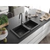 Mexen Mario granite sink 2-bowl with Aster kitchen tap, black - 6504-77-73450-07-B