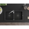 Mexen Mario granite sink 2-bowl with Aster kitchen tap, black - 6504-77-73450-07-B