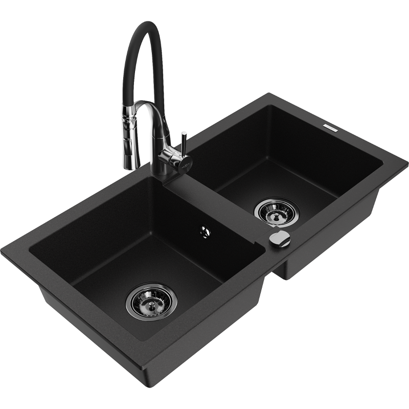 Mexen Mario 2-compartment granite sink with a kitchen mixer tap Aster, Black - 6504-77-73450-07-B