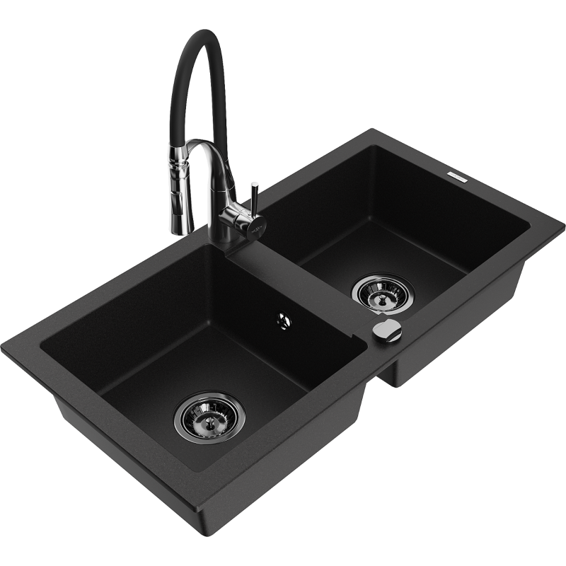 Mexen Mario granite sink 2-bowl with Aster kitchen tap, black - 6504-77-73450-07-B
