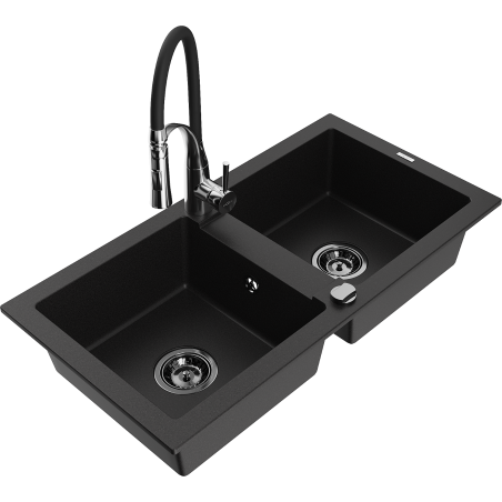 Mexen Mario granite double bowl sink with Aster kitchen faucet, black - 6504-77-73450-07-B