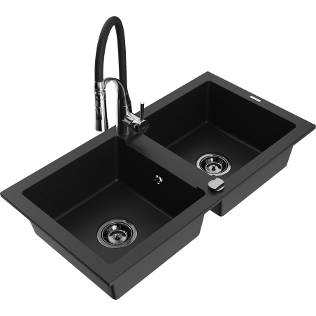 Mexen Mario granite sink 2-bowl with Aster kitchen tap, black - 6504-77-73450-07-B