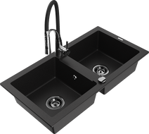 Mexen Mario Granite double-bowl sink with Aster kitchen faucet, black - 6504-77-73450-07-B