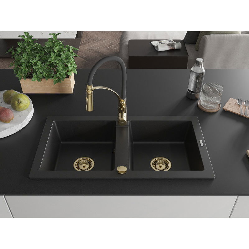Mexen Mario granite sink 2-bowl with Aster kitchen tap, black - 6504-77-73450-57-G