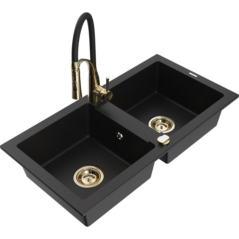Mexen Mario 2-chamber granite sink with Aster kitchen faucet, black - 6504-77-73450-57-G