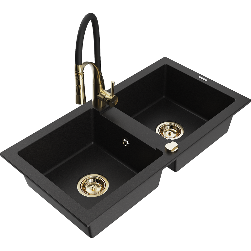 Mexen Mario granite sink 2-bowl with Aster kitchen tap, black - 6504-77-73450-57-G