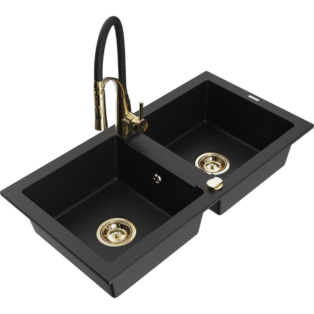 Mexen Mario 2-chamber granite sink with Aster kitchen faucet, black - 6504-77-73450-57-G